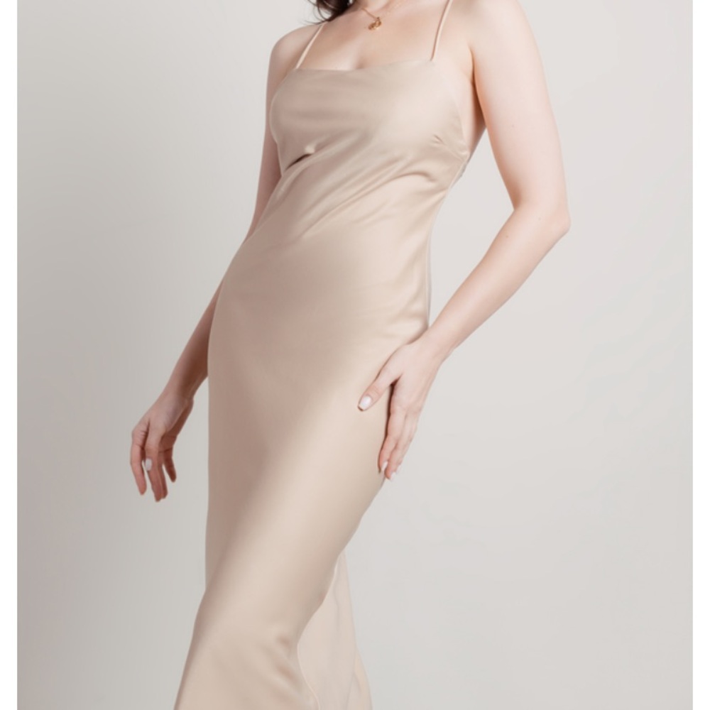 TOBI LIORA SAND SATIN SLIP MIDI DRESS